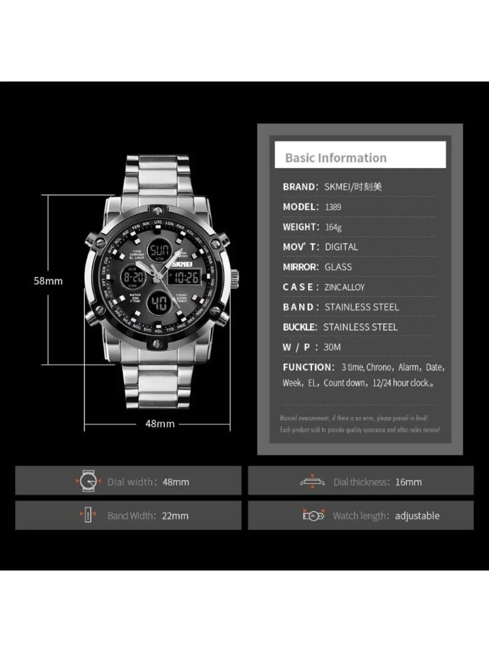 Men’s Two Tone Black Analog-Digital Stainless Steel Large Face Chronograph Watch